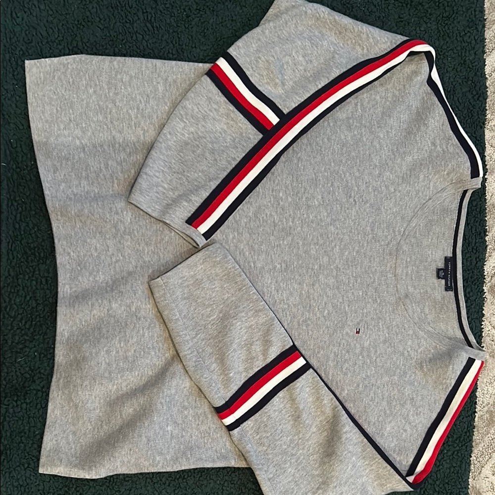 Gray Hilfiger Sweater with Red and Blue Stripes